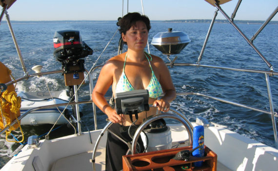 Ada at the helm heading for Fishers Island