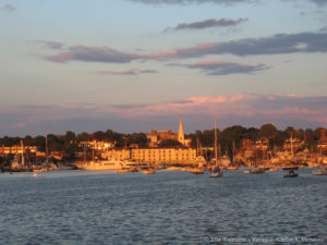 Newport as seen from Goat Island Marina as the sun set