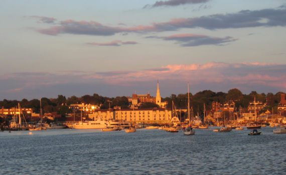 Newport as seen from Goat Island Marina as the sun set